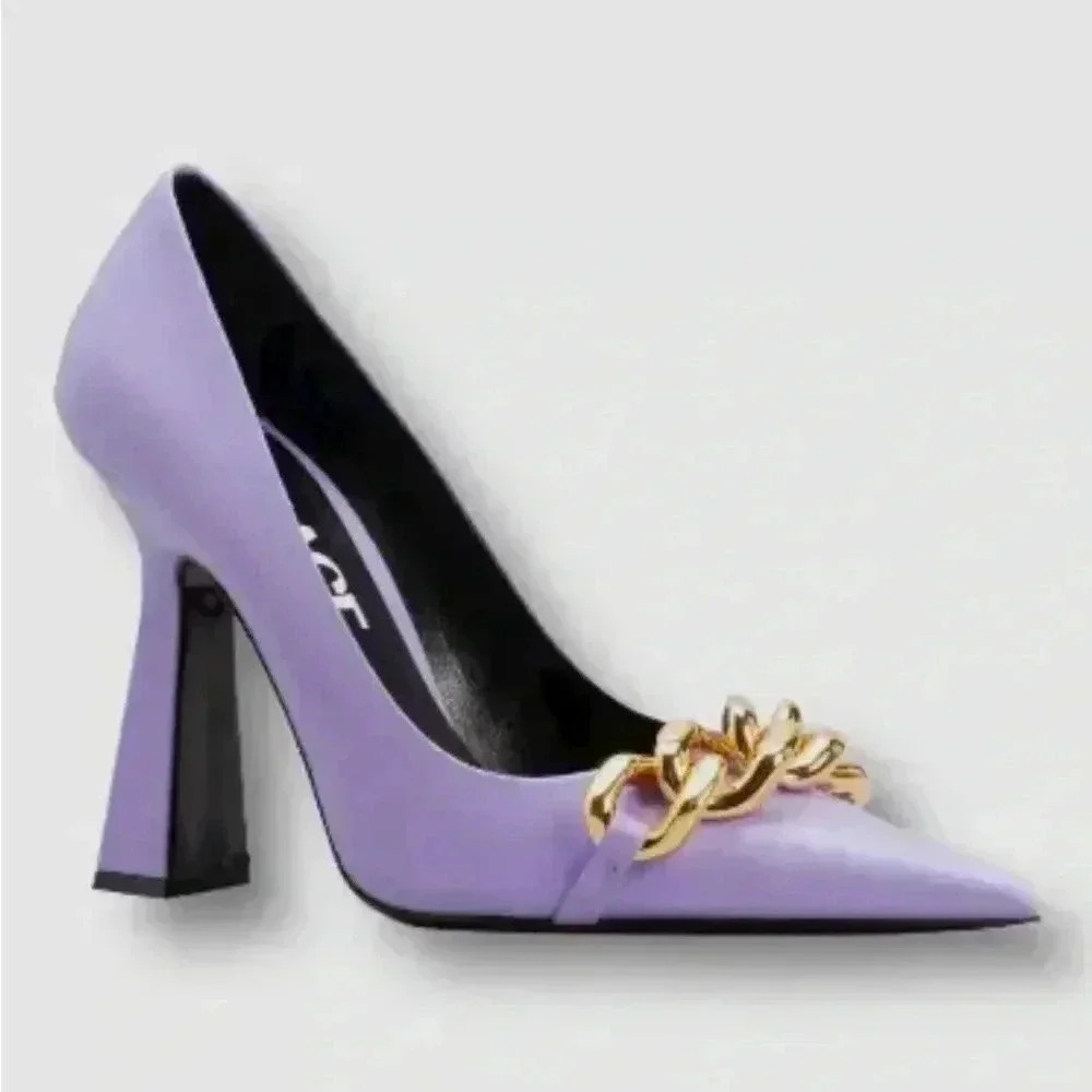 Versace SZ 7 Medusa Insignia Purple Gold Chain Heels Pumps